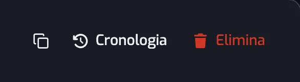 Le icone Copia il link Spotify, Cronologia ed Elimina, in fondo alla riga di azioni della pagina di una playlist