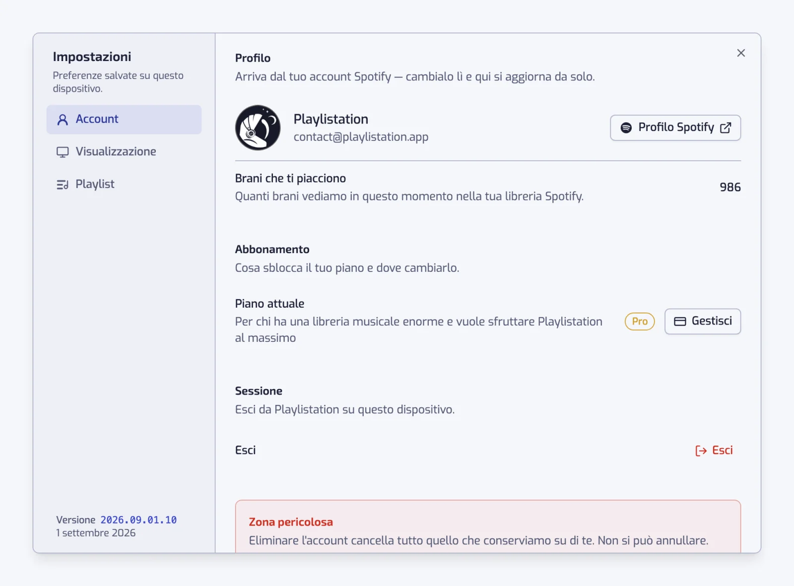 La finestra delle impostazioni aperta sulla sezione Account, con le sezioni Account, Visualizzazione e Playlist elencate a sinistra
