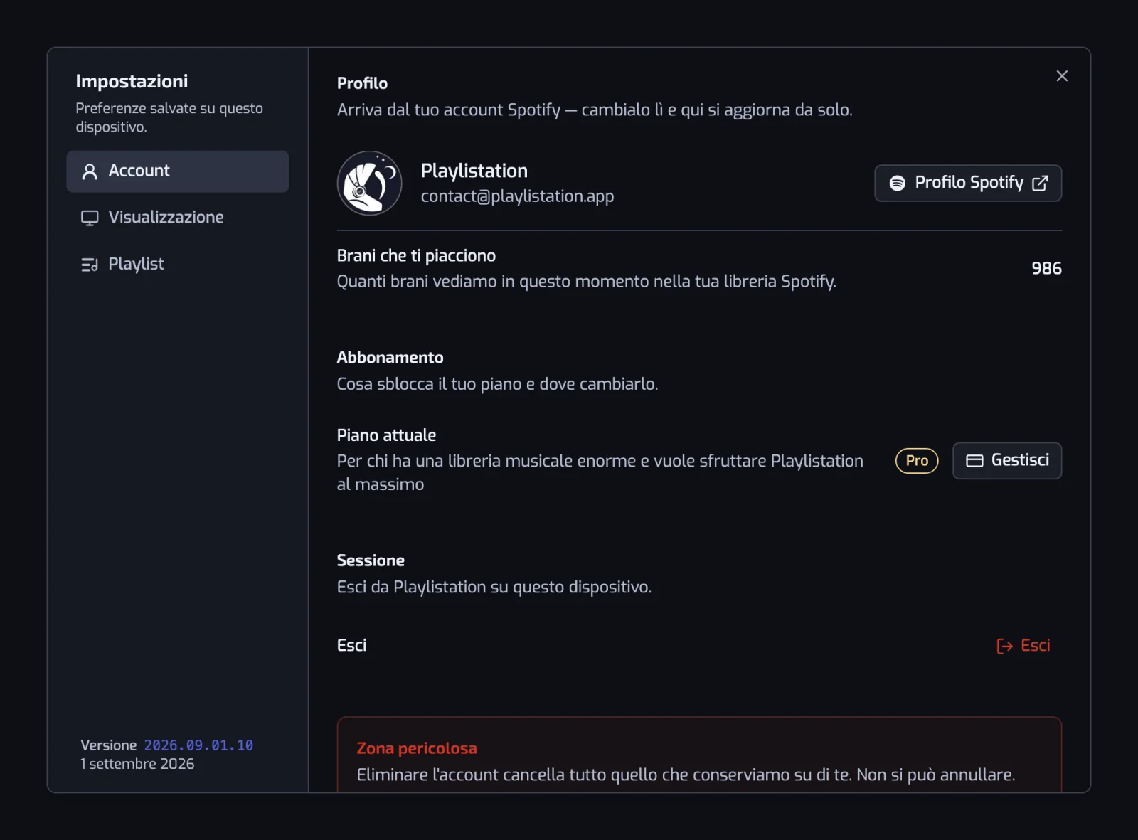 La finestra delle impostazioni aperta sulla sezione Account, con le sezioni Account, Visualizzazione e Playlist elencate a sinistra