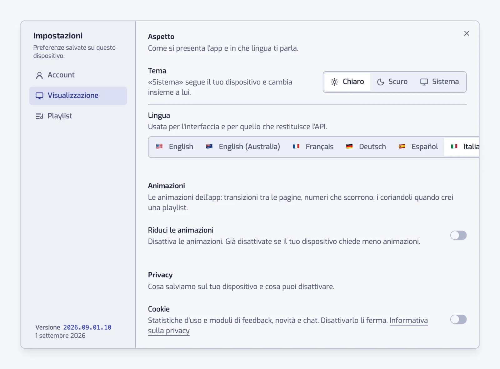 La sezione Visualizzazione con i controlli Tema e Lingua, l'interruttore Riduci le animazioni e l'interruttore Cookie sotto Privacy