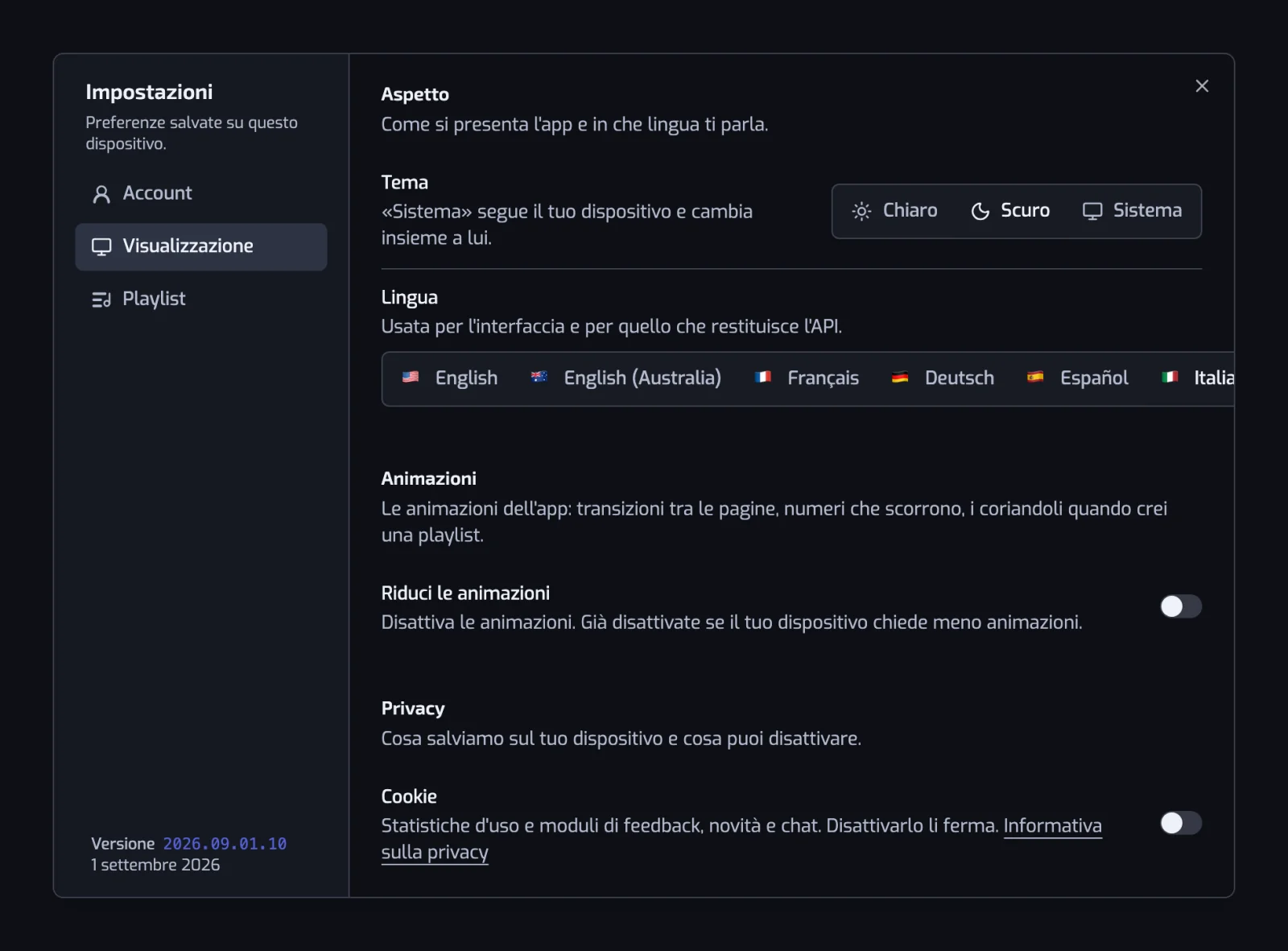 La sezione Visualizzazione con i controlli Tema e Lingua, l'interruttore Riduci le animazioni e l'interruttore Cookie sotto Privacy