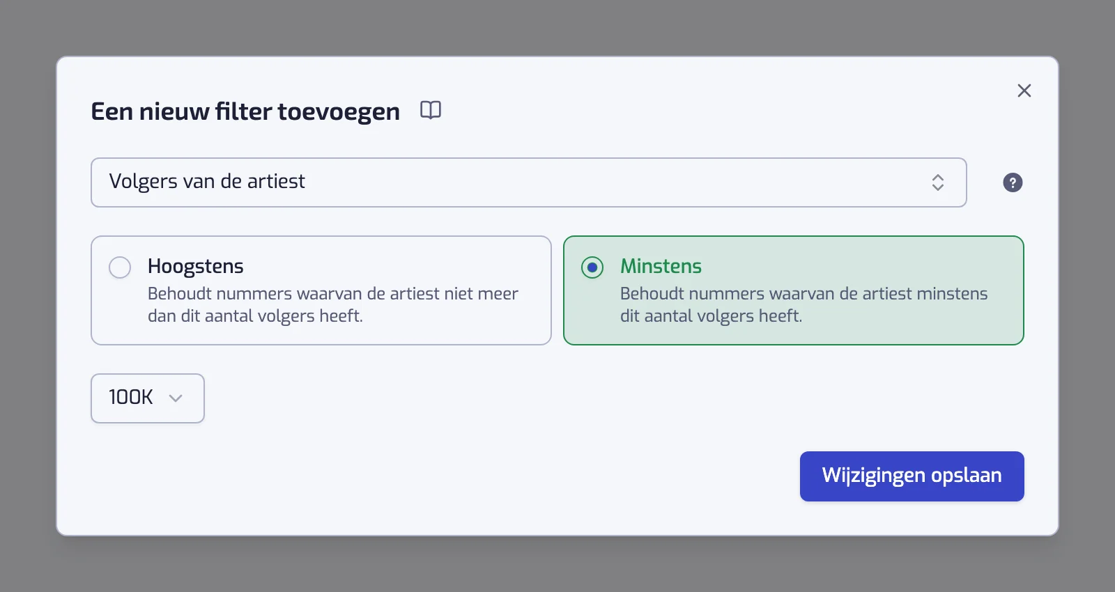 Het venster Een nieuw filter toevoegen met het vak voor het filtertype, de operatorkaarten en de bediening voor de waarde