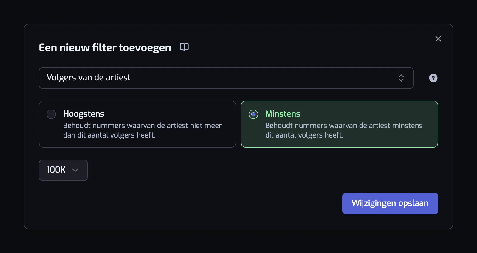 Het venster Een nieuw filter toevoegen met het vak voor het filtertype, de operatorkaarten en de bediening voor de waarde