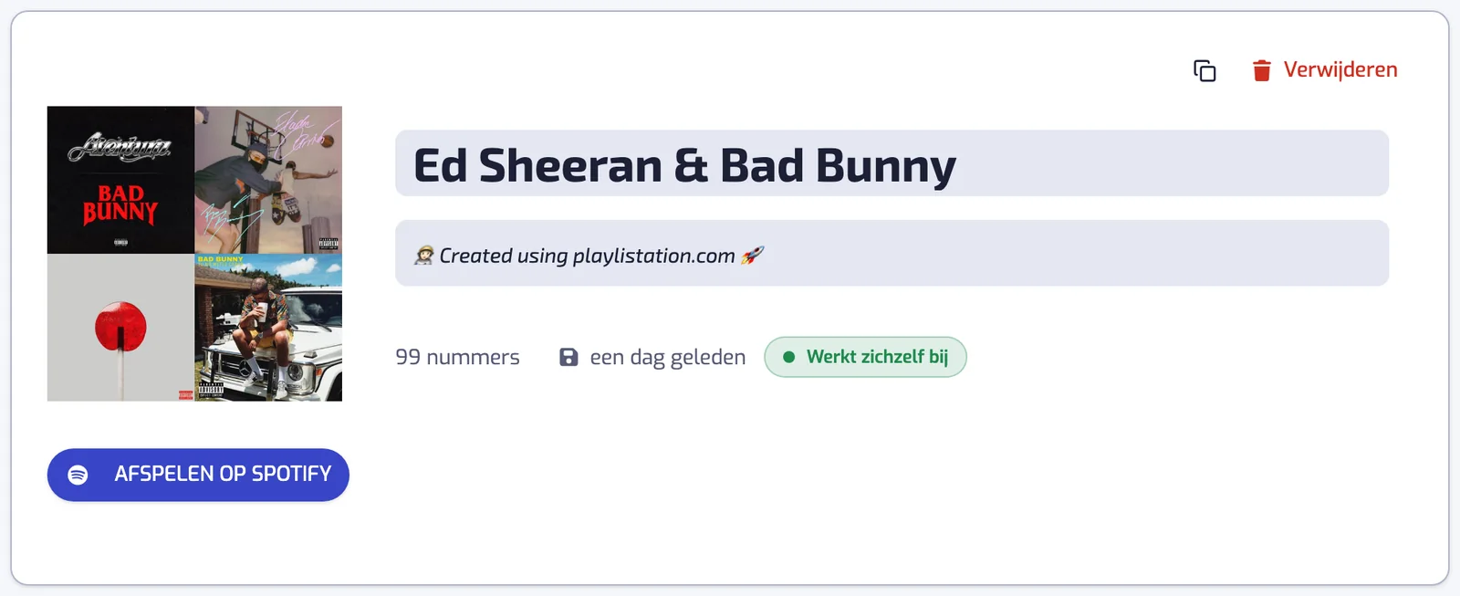 Een afspeellijstpagina: hoes, bewerkbare naam en beschrijving, aantal nummers, synchronisatiestatus en de knop AFSPELEN OP SPOTIFY