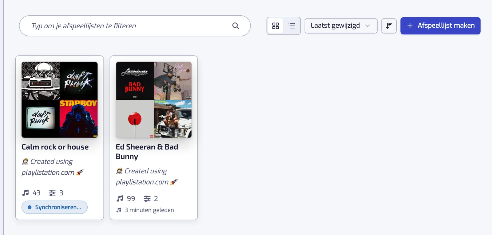 De pagina Afspeellijsten in rasterweergave met het zoekveld, de weergaveschakelaar en de sorteeropties