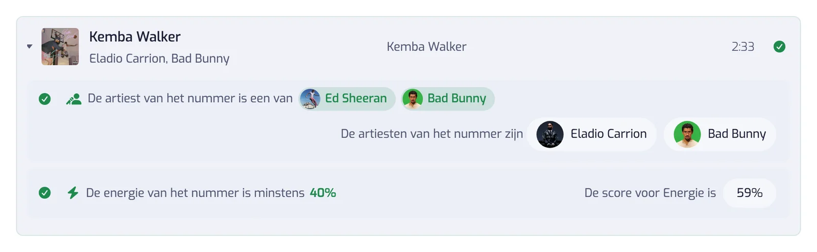Een uitgeklapte nummerrij met één regel per filter, elk met een vinkje of een kruis en de waarde die het nummer scoorde