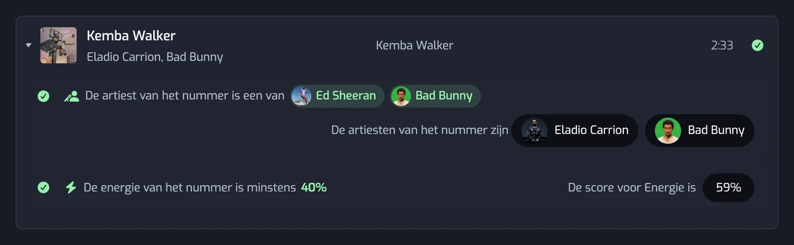 Een uitgeklapte nummerrij met één regel per filter, elk met een vinkje of een kruis en de waarde die het nummer scoorde