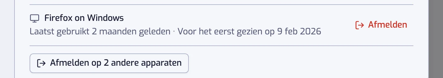 De lijst Apparaten met de knop Afmelden op de regel van een ander apparaat en de knop Afmelden op 1 ander apparaat onder de lijst