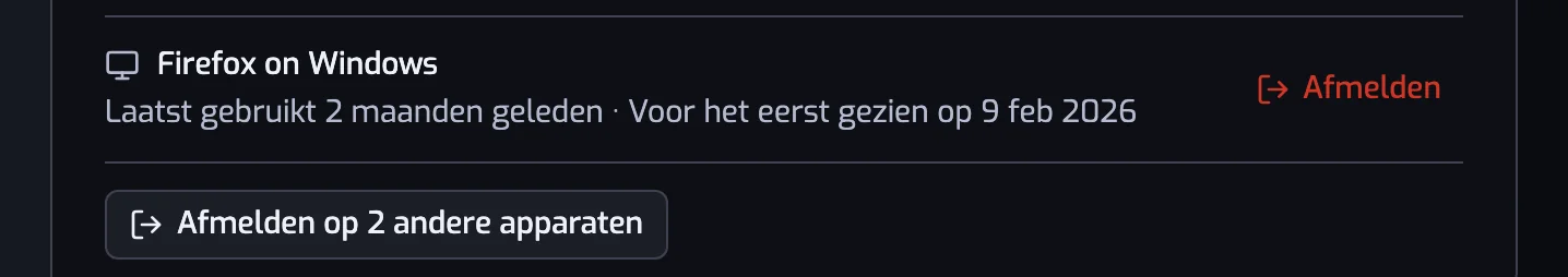 De lijst Apparaten met de knop Afmelden op de regel van een ander apparaat en de knop Afmelden op 1 ander apparaat onder de lijst