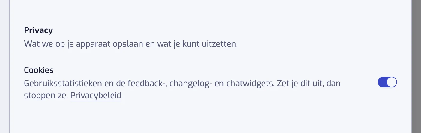 De kop Privacy in het onderdeel Weergave van de instellingen, met de schakelaar Cookies