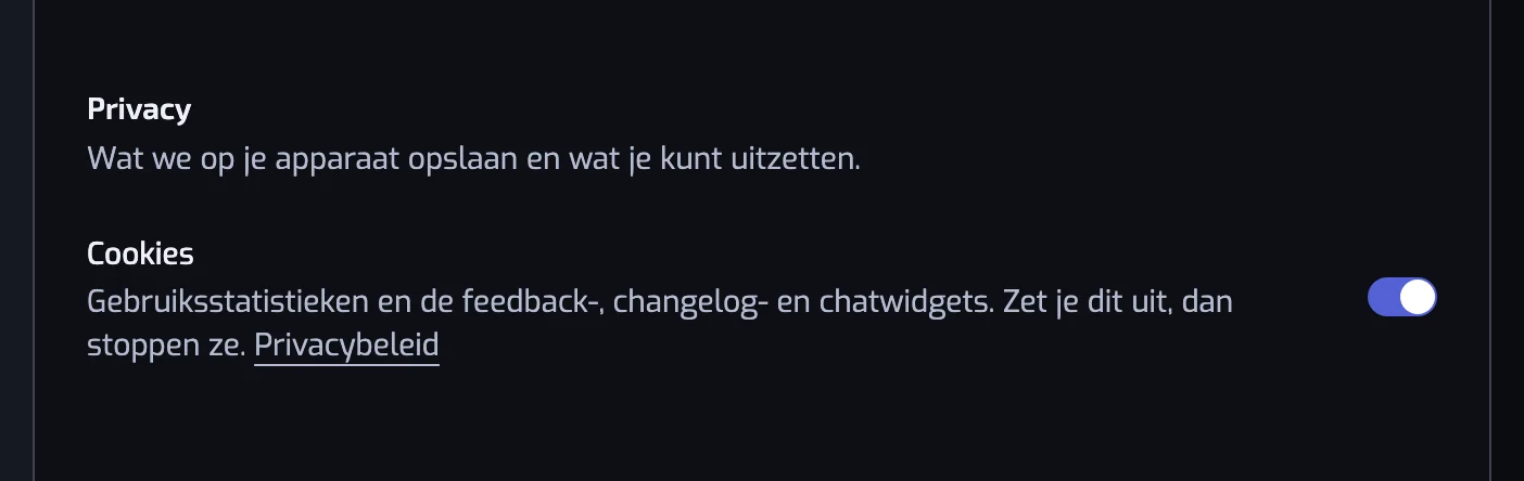 De kop Privacy in het onderdeel Weergave van de instellingen, met de schakelaar Cookies