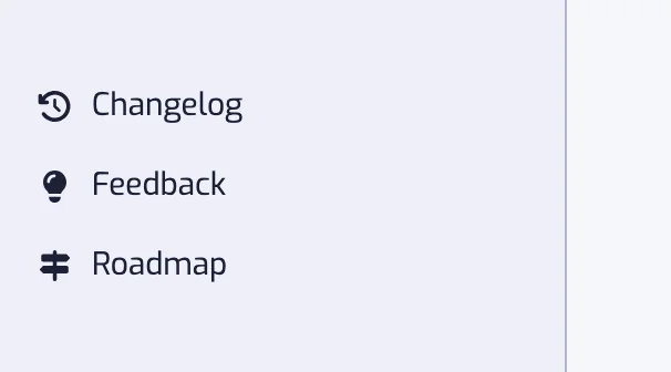 De onderkant van de zijbalk van de app met de regels Changelog, Feedback en Roadmap