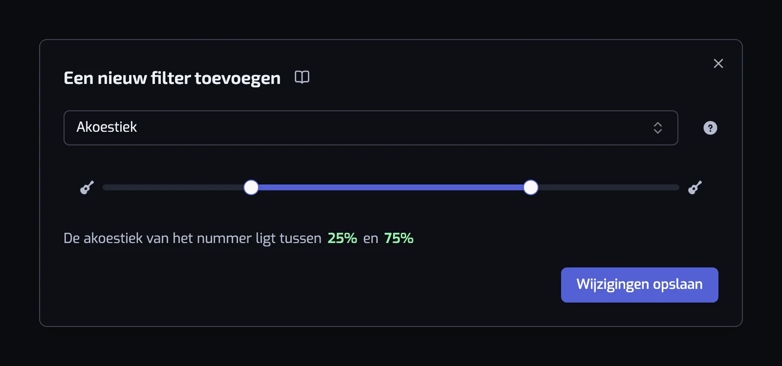 Het dialoogvenster van het filter Akoestiek met de schuifregelaar met twee grepen