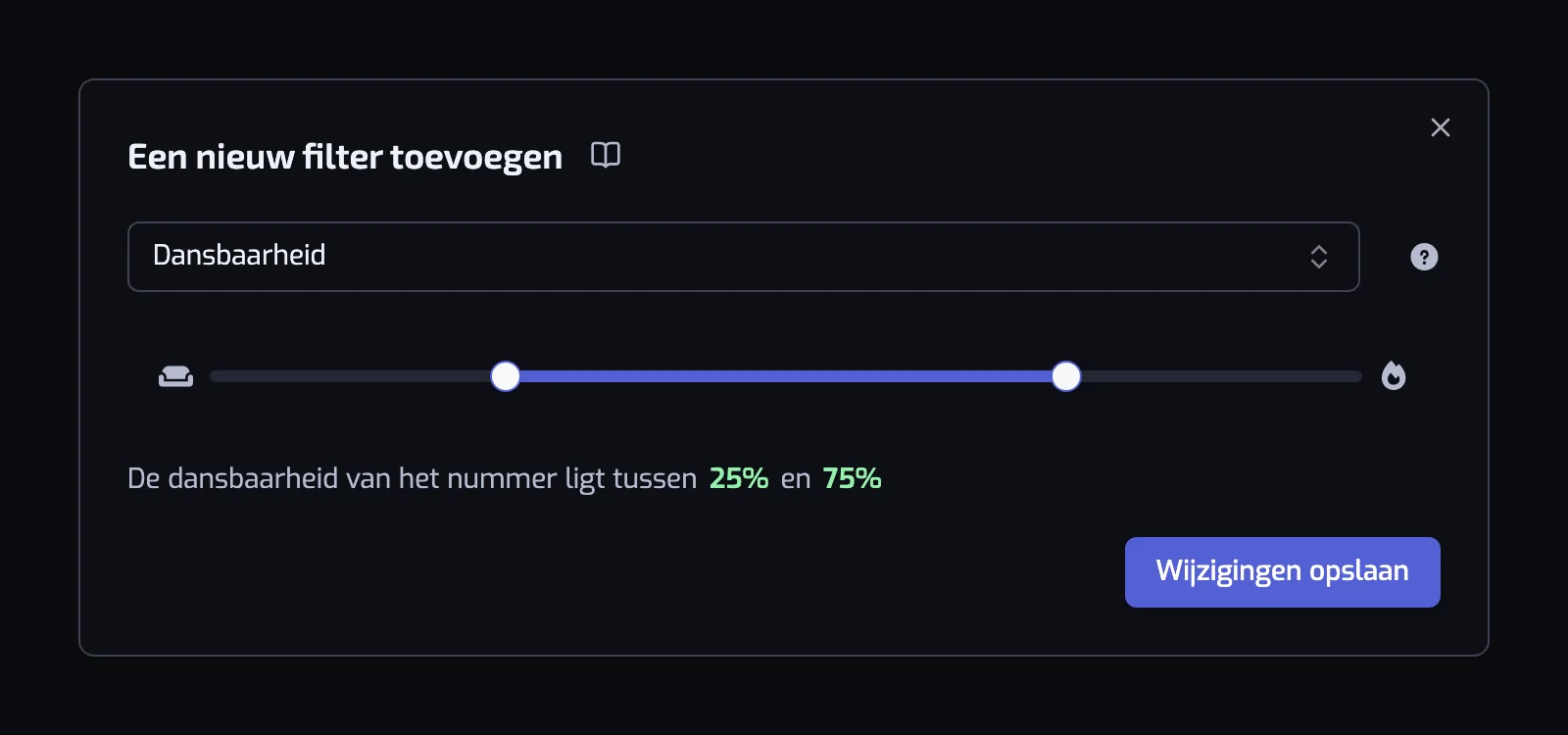 Het dialoogvenster van het filter Dansbaarheid met de schuifregelaar met twee grepen