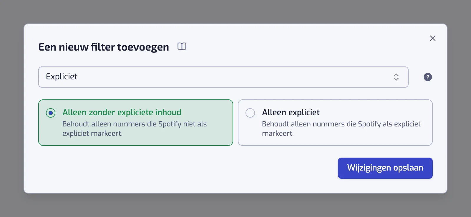 Het dialoogvenster van het filter Expliciet met de kaarten Alleen zonder expliciete inhoud en Alleen expliciet