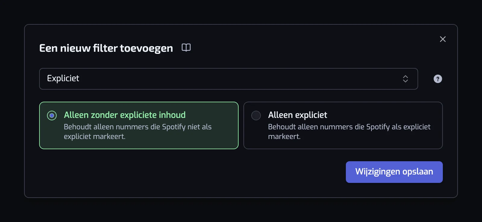 Het dialoogvenster van het filter Expliciet met de kaarten Alleen zonder expliciete inhoud en Alleen expliciet