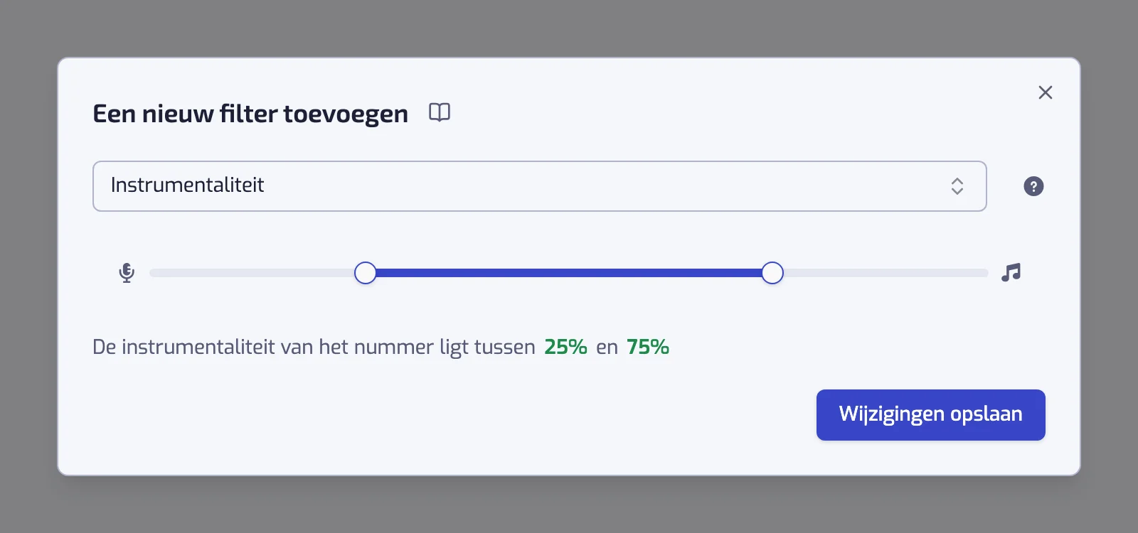Het dialoogvenster van het filter Instrumentaliteit met de schuifregelaar met twee grepen