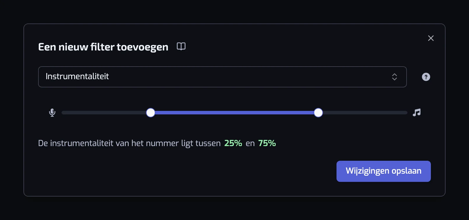 Het dialoogvenster van het filter Instrumentaliteit met de schuifregelaar met twee grepen