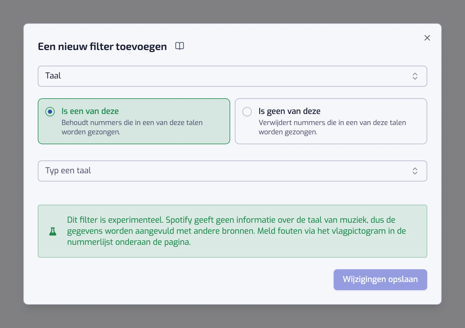 Het dialoogvenster van het Taal-filter met de twee operatorkaarten, de taalkiezer en de melding dat het filter experimenteel is