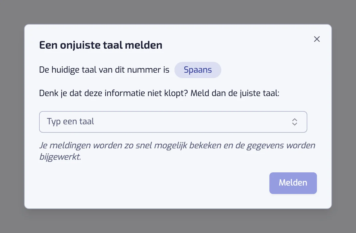 Het dialoogvenster Een onjuiste taal melden, met de huidige taal en een kiezer voor de juiste