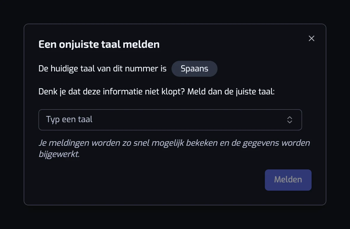 Het dialoogvenster Een onjuiste taal melden, met de huidige taal en een kiezer voor de juiste