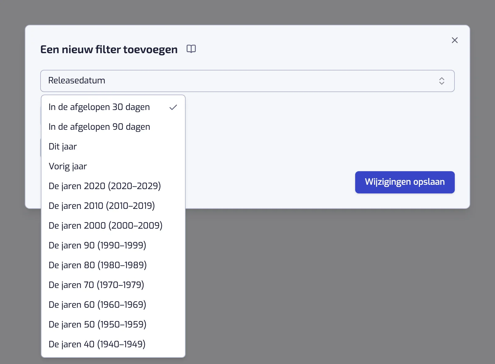 Het dialoogvenster van het filter Releasedatum met de lijst Snelkeuze open bij de decennia