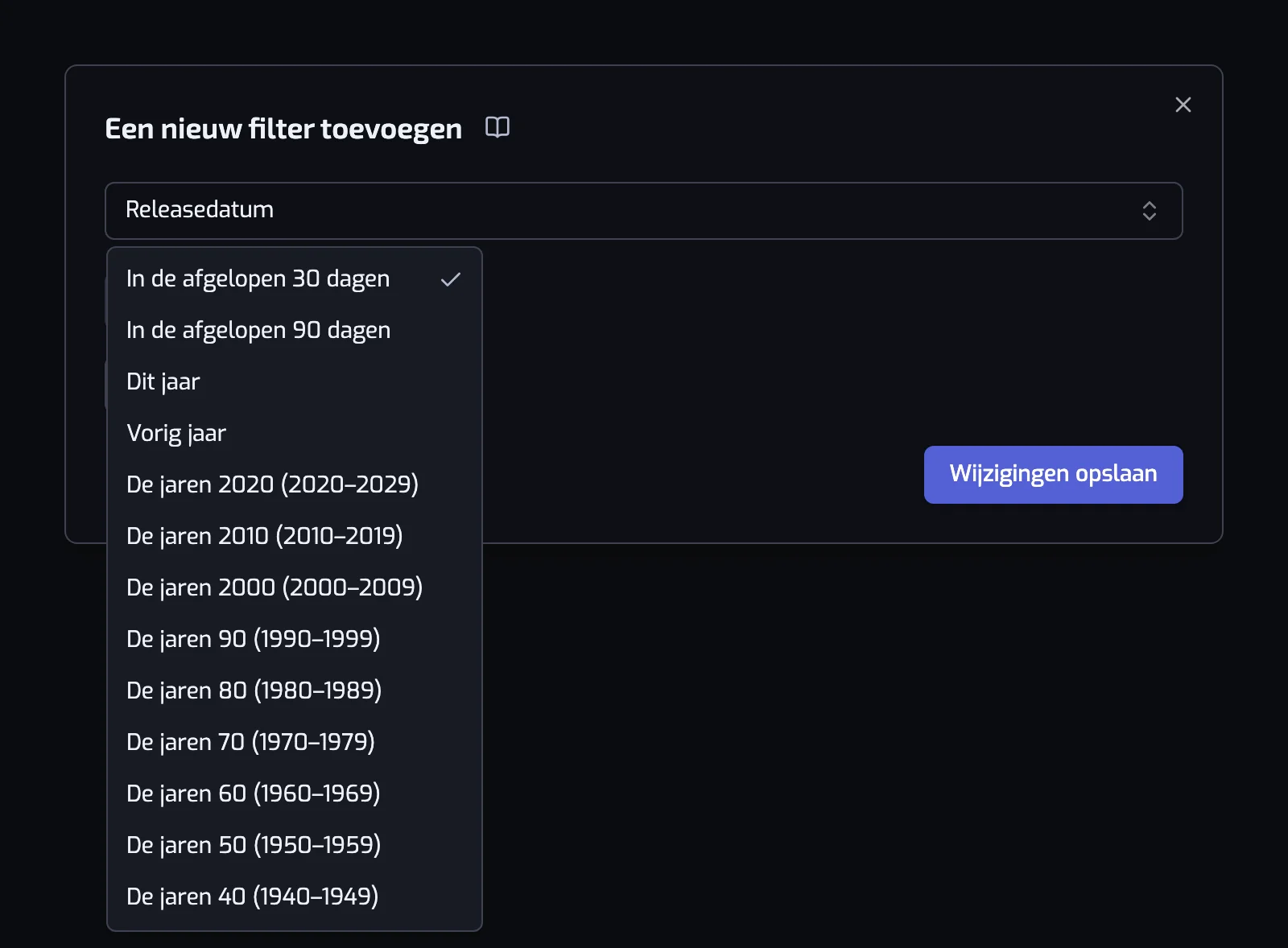 Het dialoogvenster van het filter Releasedatum met de lijst Snelkeuze open bij de decennia