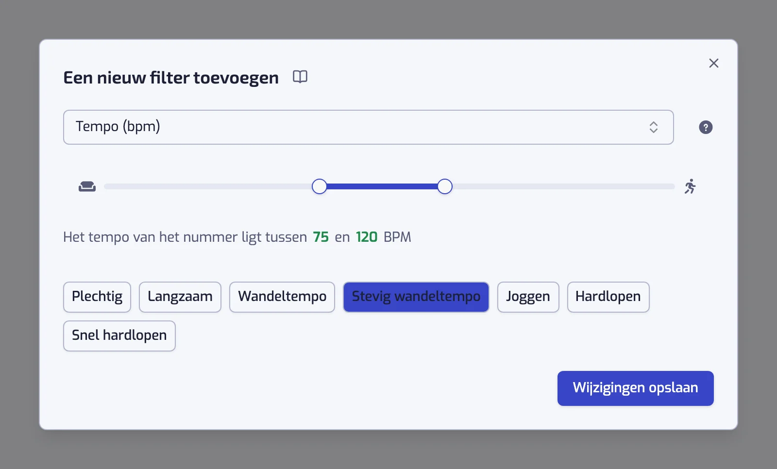 Het dialoogvenster van het Tempo-filter met de schuifregelaar en de zeven voorinstellingen van Plechtig tot Snel hardlopen
