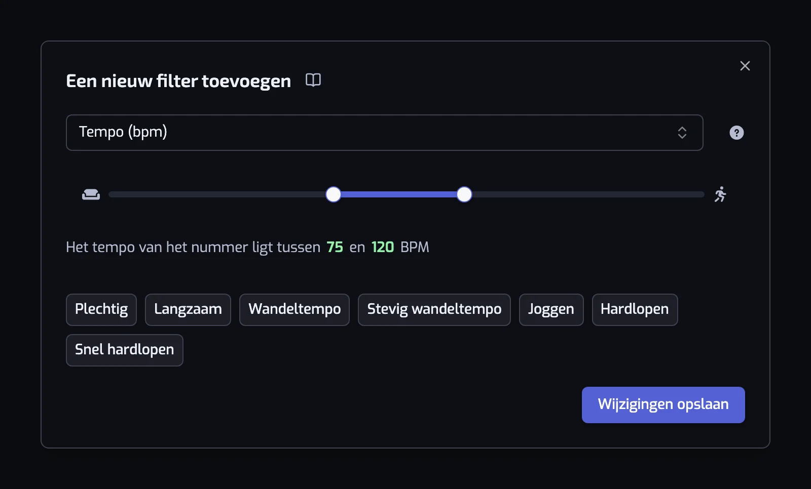 Het dialoogvenster van het Tempo-filter met de schuifregelaar en de zeven voorinstellingen van Plechtig tot Snel hardlopen
