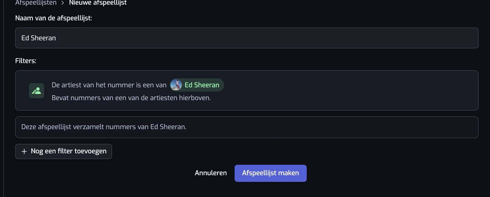 Het formulier voor een nieuwe afspeellijst met een naam, één artiestfilter en de zin die beschrijft wat de afspeellijst verzamelt