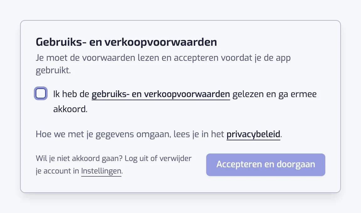 Het venster Gebruiks- en verkoopvoorwaarden met het vakje om te accepteren, de link naar het privacybeleid en de knop Accepteren en doorgaan