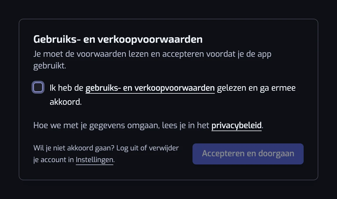 Het venster Gebruiks- en verkoopvoorwaarden met het vakje om te accepteren, de link naar het privacybeleid en de knop Accepteren en doorgaan