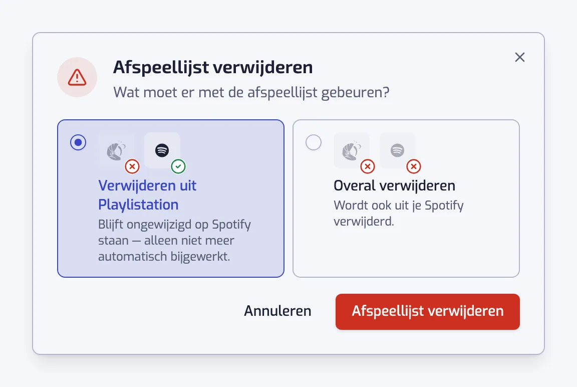 Het dialoogvenster Afspeellijst verwijderen met de twee keuzes, Verwijderen uit Playlistation en Overal verwijderen