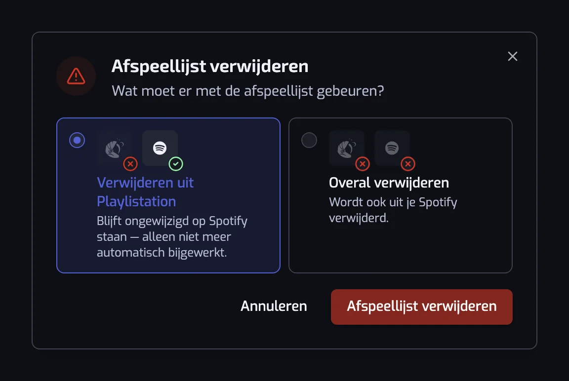 Het dialoogvenster Afspeellijst verwijderen met de twee keuzes, Verwijderen uit Playlistation en Overal verwijderen