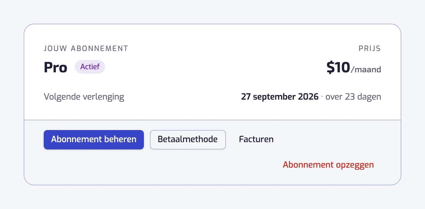 De kaart van het huidige abonnement met het abonnement, de prijs, de datum van de volgende verlenging en de knoppen Abonnement beheren, Betaalmethode, Facturen en Abonnement opzeggen