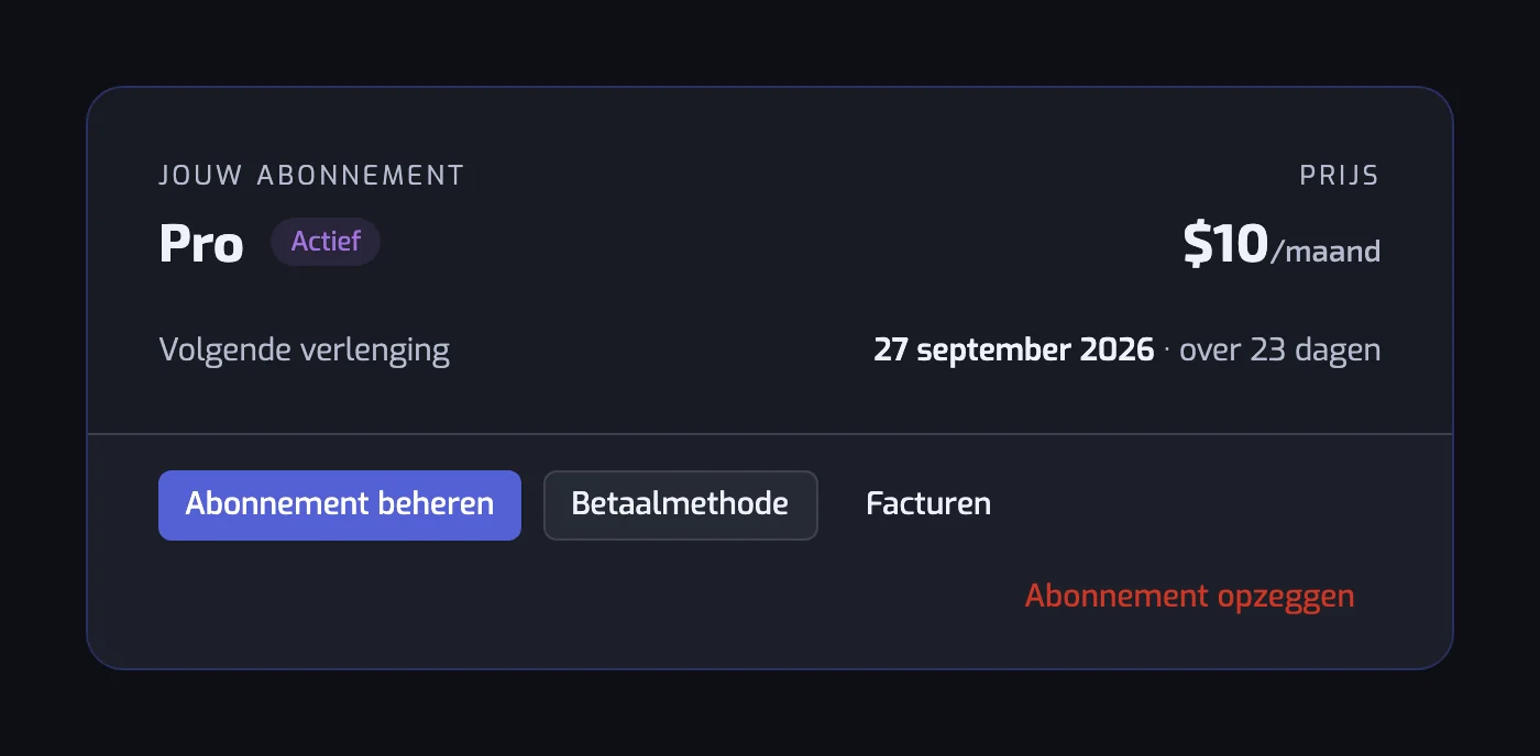 De kaart van het huidige abonnement met het abonnement, de prijs, de datum van de volgende verlenging en de knoppen Abonnement beheren, Betaalmethode, Facturen en Abonnement opzeggen