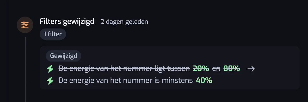 Een item Filters gewijzigd met een aangepast Energie-filter, het vorige bereik doorgestreept en het nieuwe achter een pijl