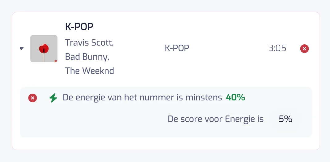 Een verwijderd nummer uitgeklapt in een geschiedenisitem, met het Energie-filter dat het niet haalde en de eigen energiewaarde van het nummer