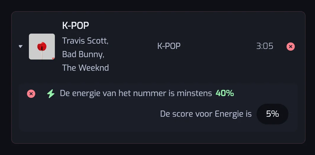 Een verwijderd nummer uitgeklapt in een geschiedenisitem, met het Energie-filter dat het niet haalde en de eigen energiewaarde van het nummer