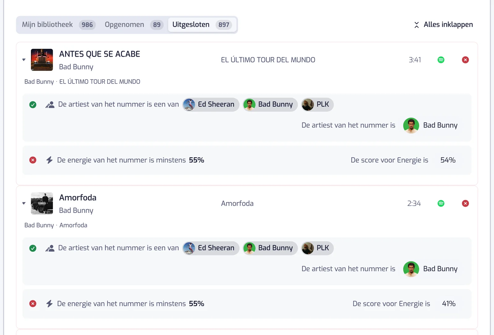 Het tabblad Uitgesloten met Alles inklappen aan: elke nummerrij toont zijn filters, een groen vinkje bij het artiestfilter en een rood kruis bij het energiefilter, met de Energie-score van het nummer