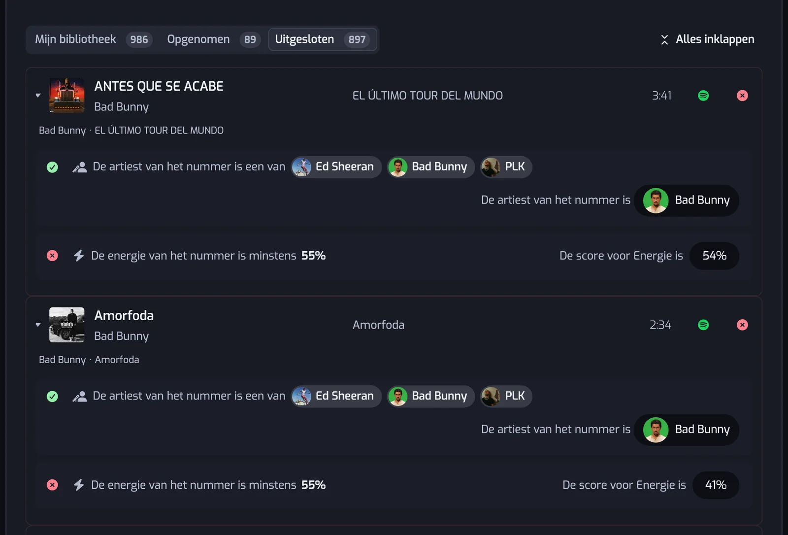Het tabblad Uitgesloten met Alles inklappen aan: elke nummerrij toont zijn filters, een groen vinkje bij het artiestfilter en een rood kruis bij het energiefilter, met de Energie-score van het nummer