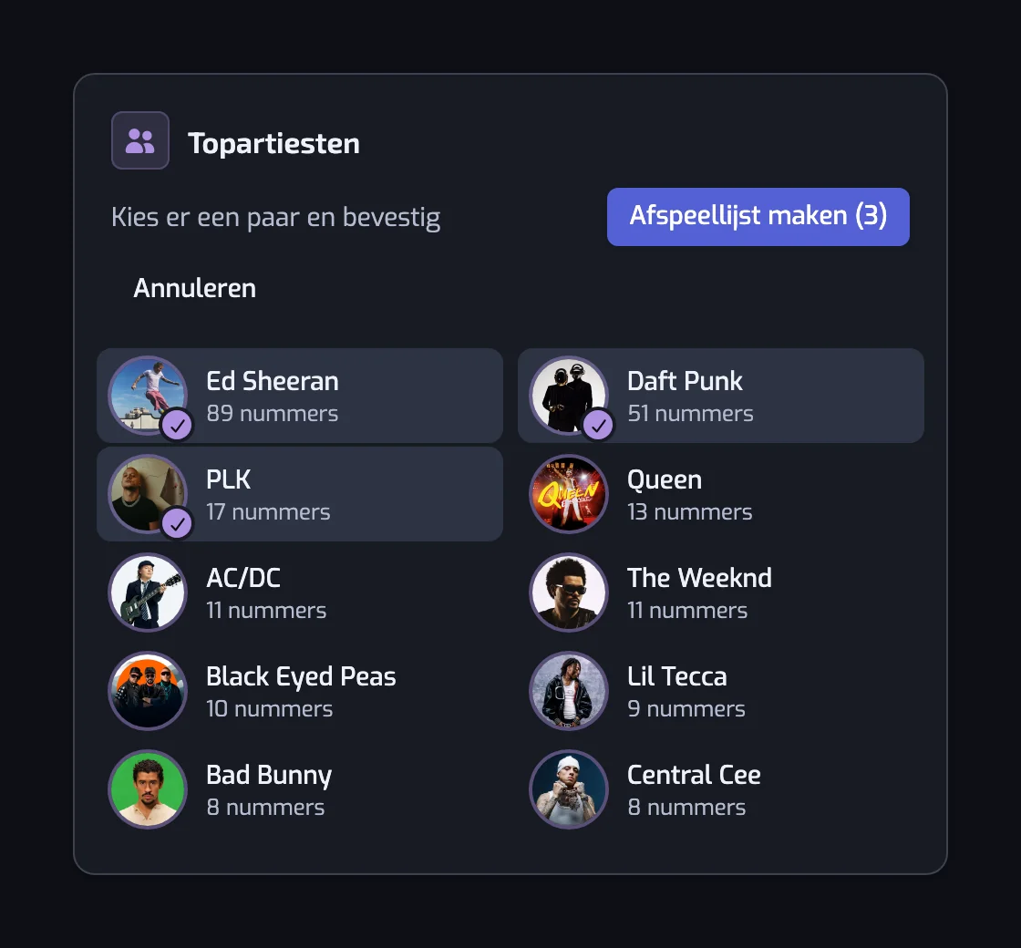De kaart Topartiesten op de Stats-pagina in de selectiemodus, met drie aangevinkte artiesten en de knop Afspeellijst maken (3)