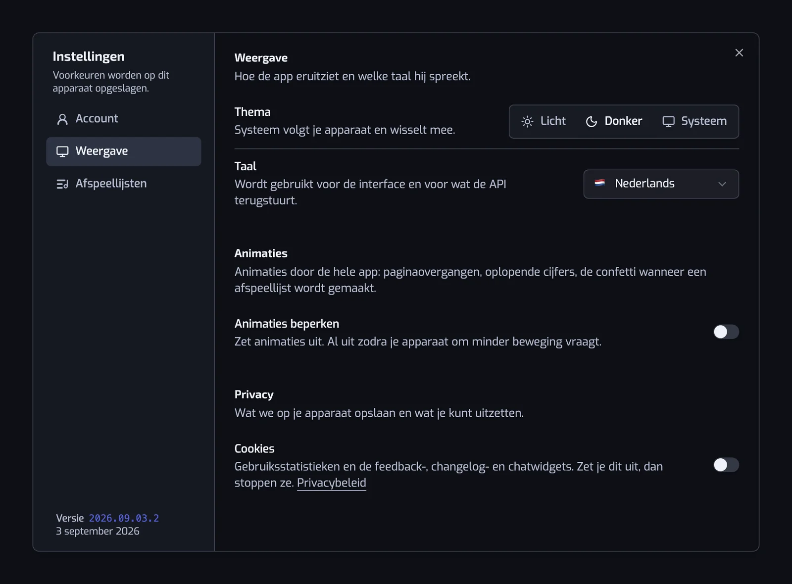 De sectie Weergave met de keuzeknoppen voor Thema en Taal, de schakelaar Animaties beperken en de schakelaar Cookies onder Privacy