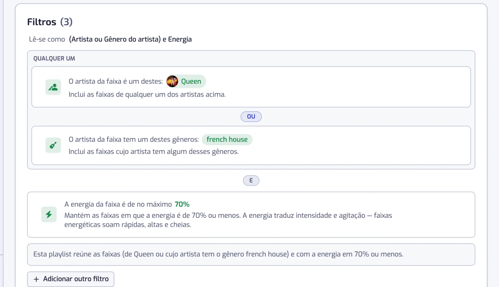 Uma lista de filtros com uma etiqueta E entre duas linhas e uma caixa Qualquer um agrupando dois filtros ligados por OU