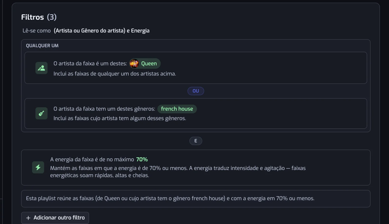 Uma lista de filtros com uma etiqueta E entre duas linhas e uma caixa Qualquer um agrupando dois filtros ligados por OU