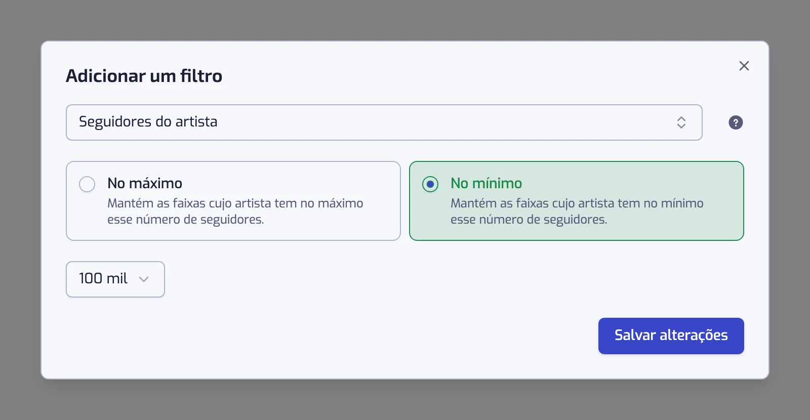 A janela Adicionar um filtro mostrando a caixa de tipo de filtro, os cartões de operador e o controle de valor