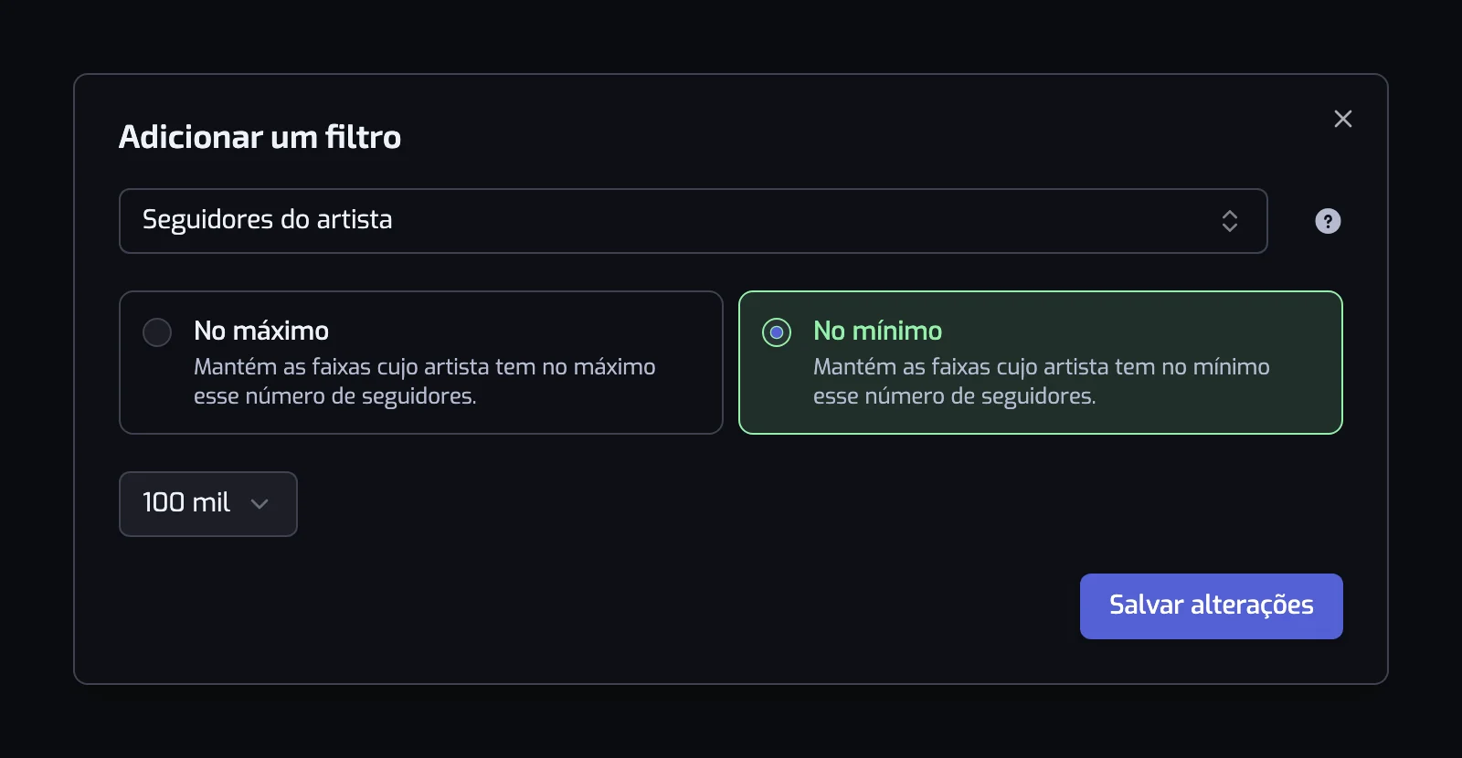 A janela Adicionar um filtro mostrando a caixa de tipo de filtro, os cartões de operador e o controle de valor
