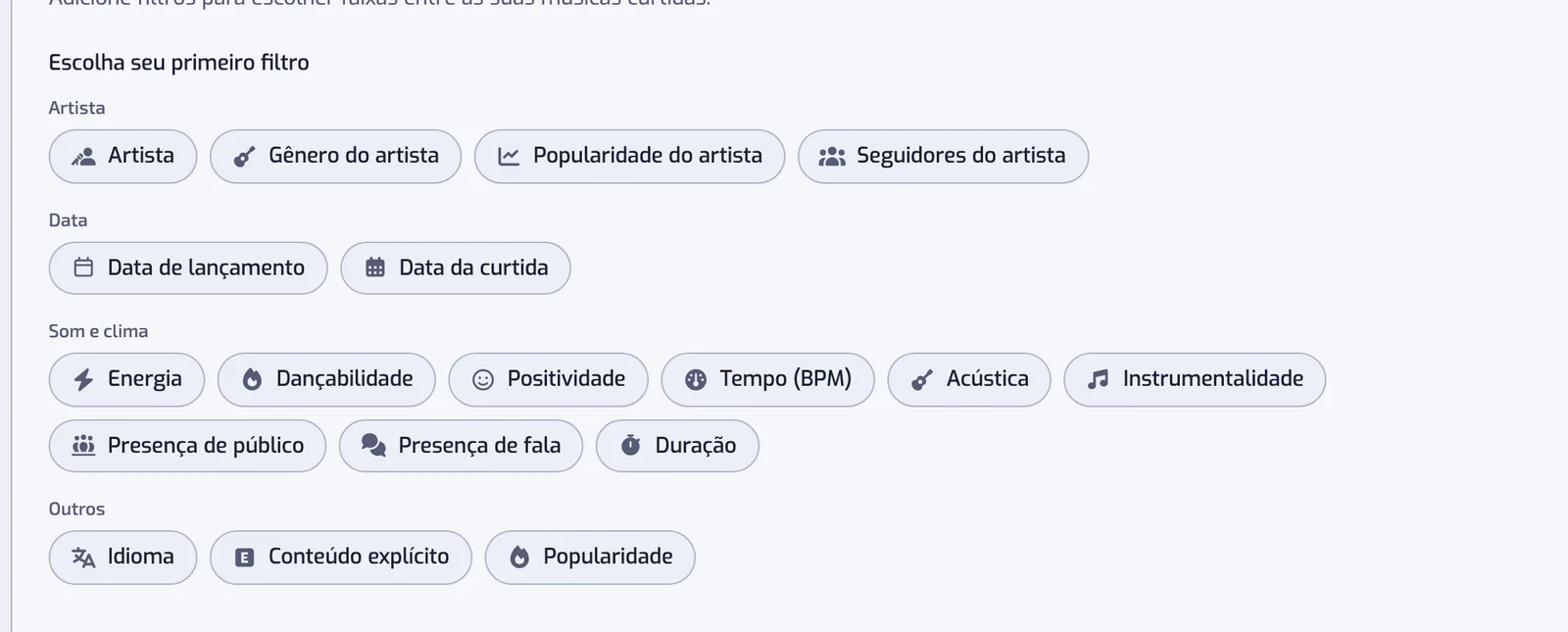 A página Nova playlist com os tipos de filtro como botões, agrupados em Artista, Data, Som e clima e Outros