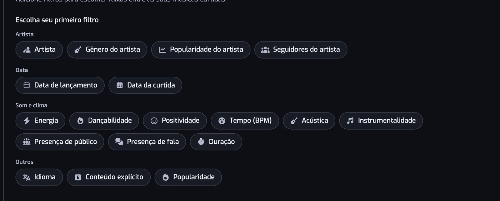A página Nova playlist com os tipos de filtro como botões, agrupados em Artista, Data, Som e clima e Outros