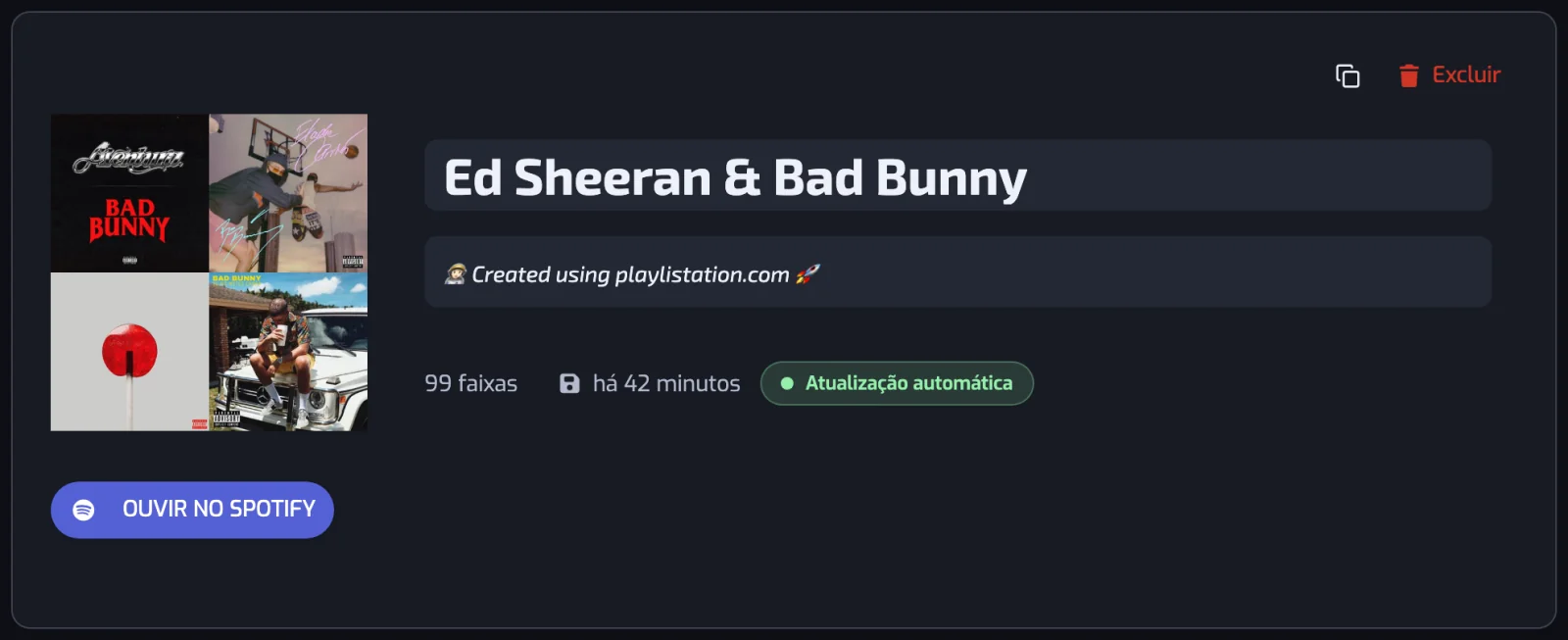Uma página de playlist: capa, nome e descrição editáveis, número de faixas, status de sincronização e o botão OUVIR NO SPOTIFY